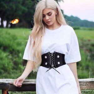 Black Silver Accent Lace Up Front Wide Corset  Belt NEW